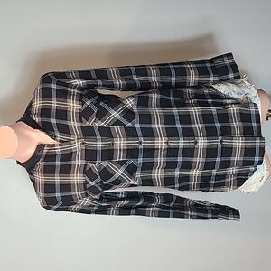 VINCE Leather Trim Plaid Button Down Shirt Womens 2 Academia‎ Luxury Menswear